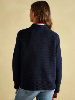 Bernie Navy Blue Crew Neck Textured Jumper Contains Merino Wool