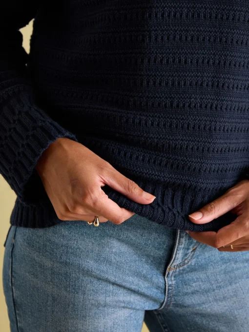 Bernie Navy Blue Crew Neck Textured Jumper Contains Merino Wool
