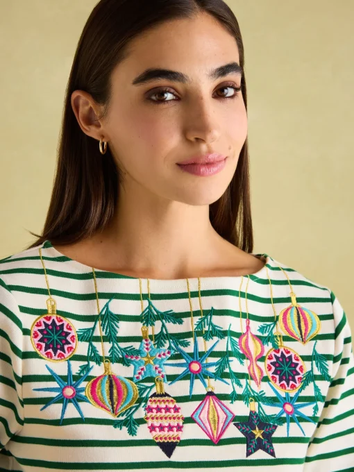 Festive Harbour Green/White Boat Neck Breton Top