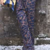 Navy Blue Bridle Wide Leg Printed Satin Trousers