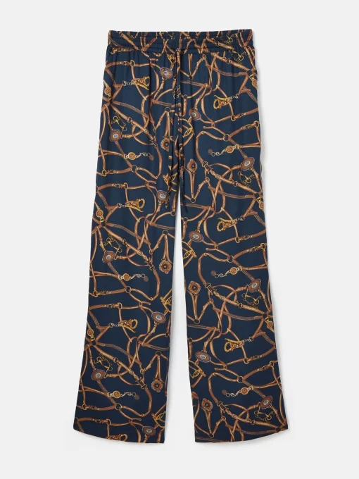 Navy Blue Bridle Wide Leg Printed Satin Trousers
