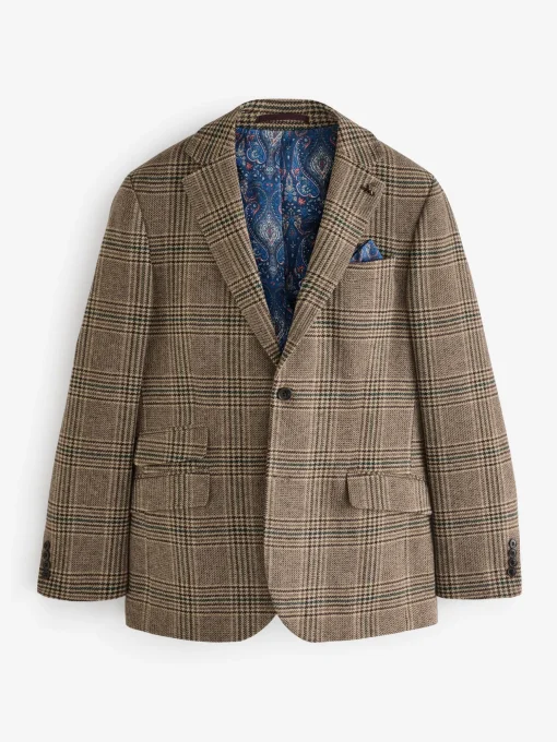 Taupe Brown Slim Fit Check Blazer
